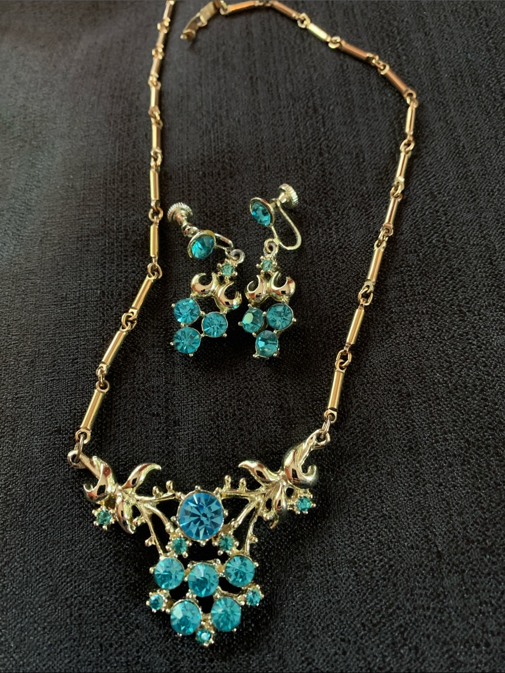 Vintage Gold-Tone Necklace and Clip-On Earrings with Teal Crystal Accents